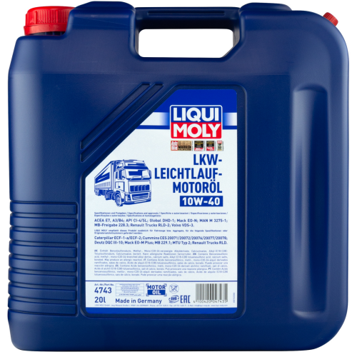 4743 LiquiMoly НС-синт. мот.масло LKW-Leichtlauf-Motoroil 10W-40 CI-4/SL A3/B4/E7 (20л) - 20 л